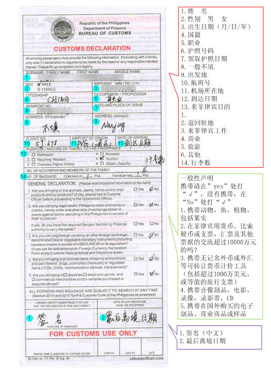 长滩岛出入境单及海关申报单填写模板